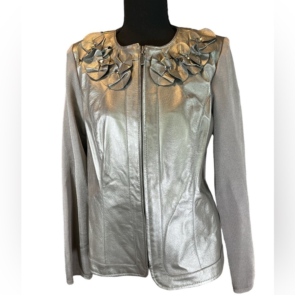 Peter Nygard Leather Sweater Jaket Silver/Gray | Size PM